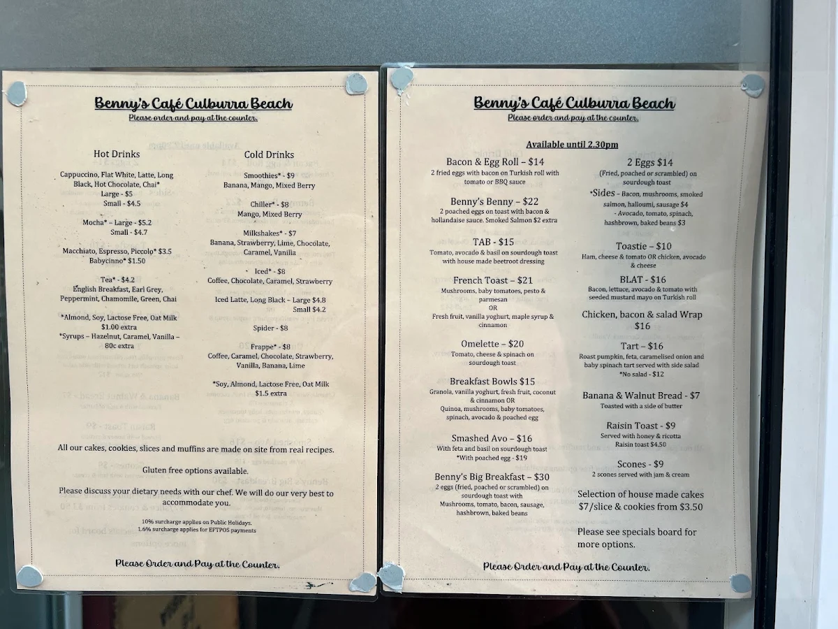Menu, Benny's Cafe Culburra Beach NSW