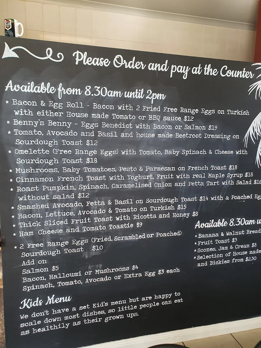 Menu, Benny's Cafe Culburra Beach NSW