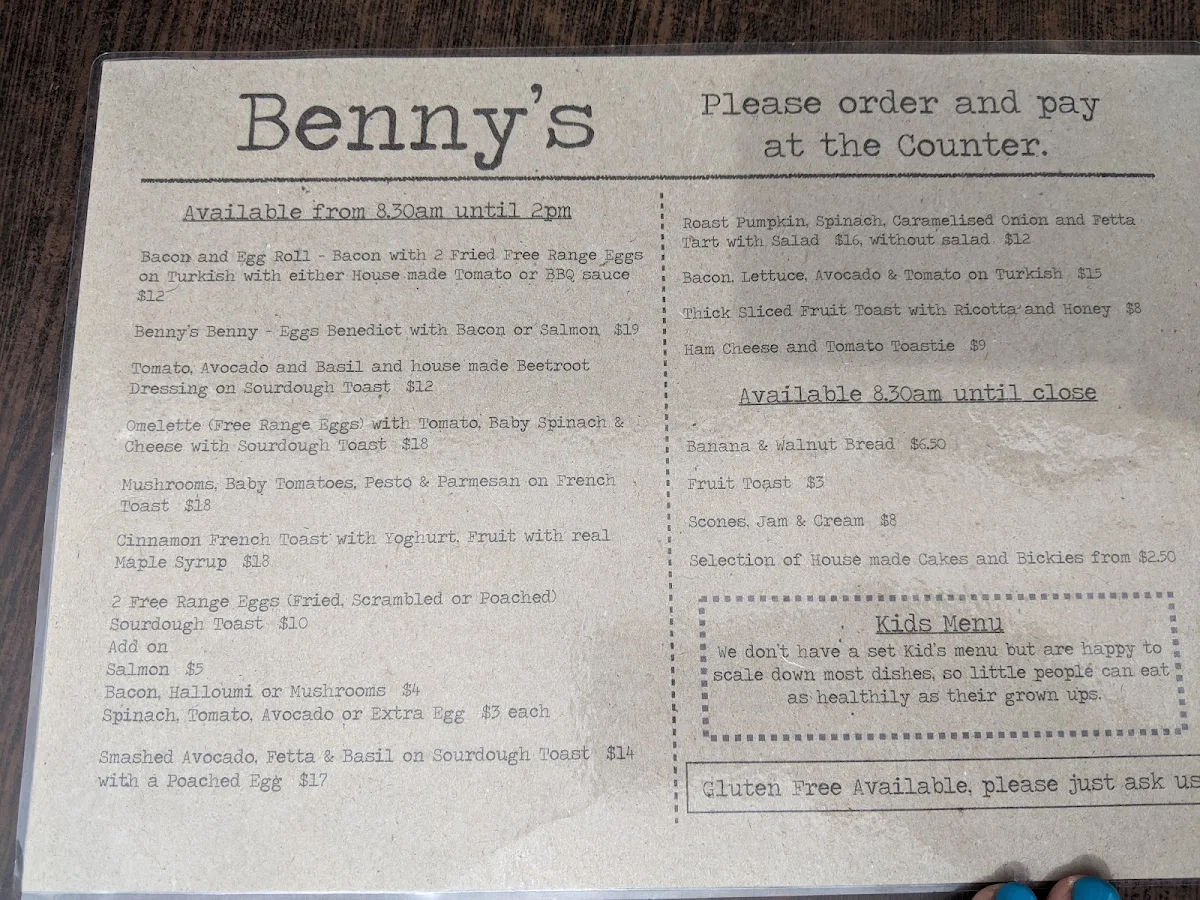 Menu, Benny's Cafe Culburra Beach NSW