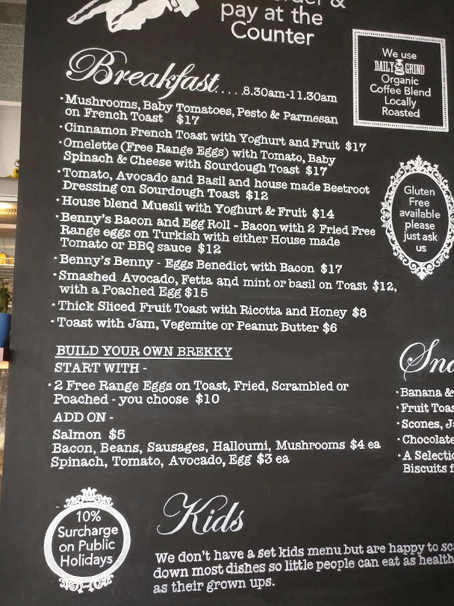 Menu, Benny's Cafe Culburra Beach NSW