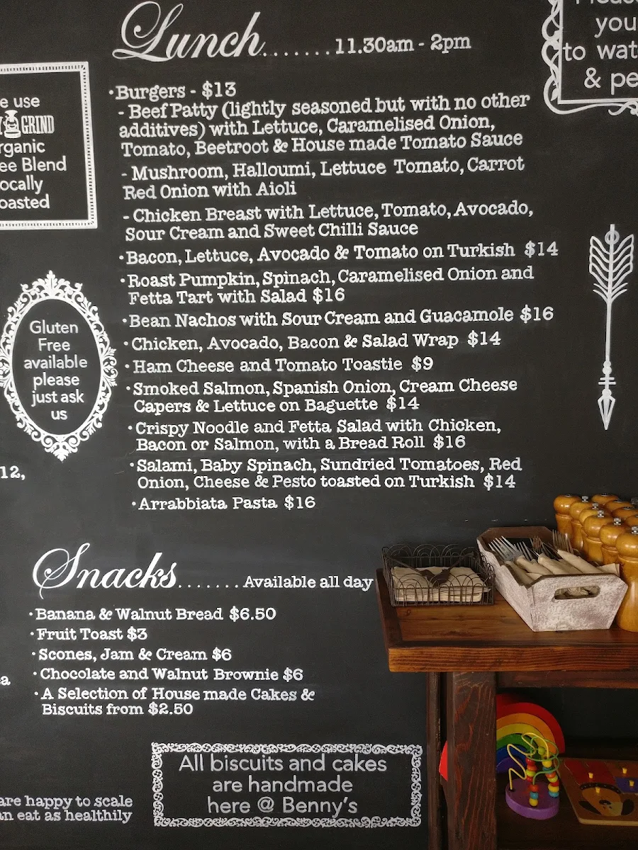 Menu, Benny's Cafe Culburra Beach NSW