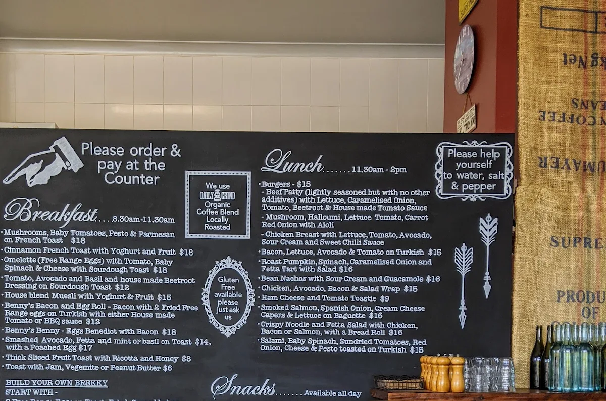 Menu, Benny's Cafe Culburra Beach NSW