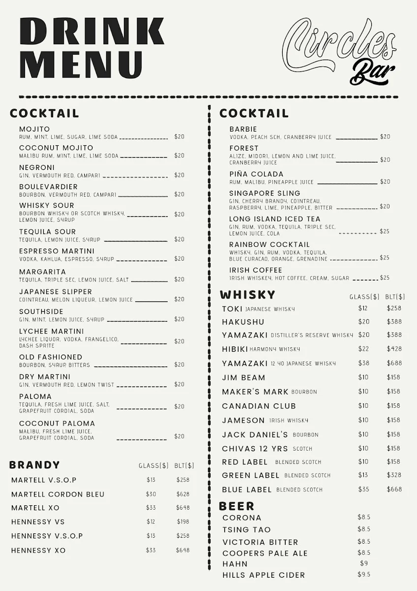 Menu, Circles Bar & Restaurant