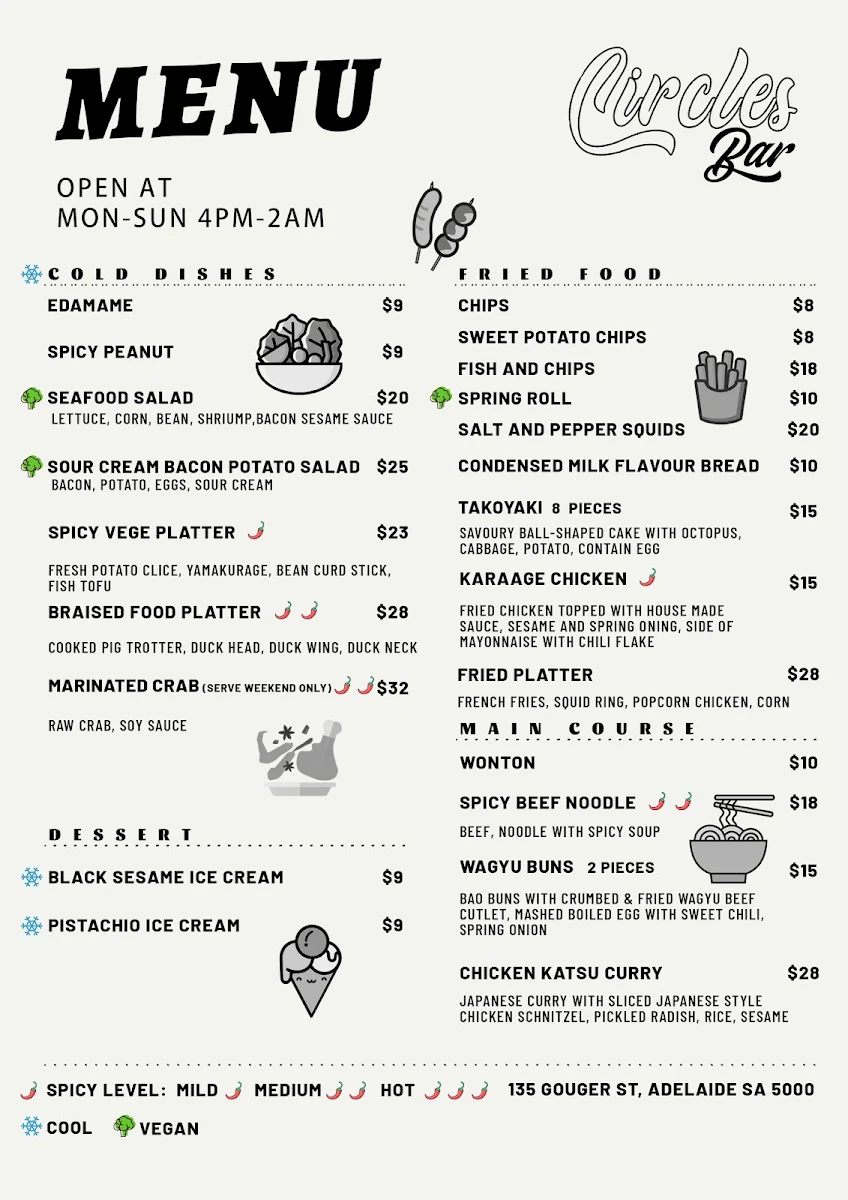 Menu, Circles Bar & Restaurant