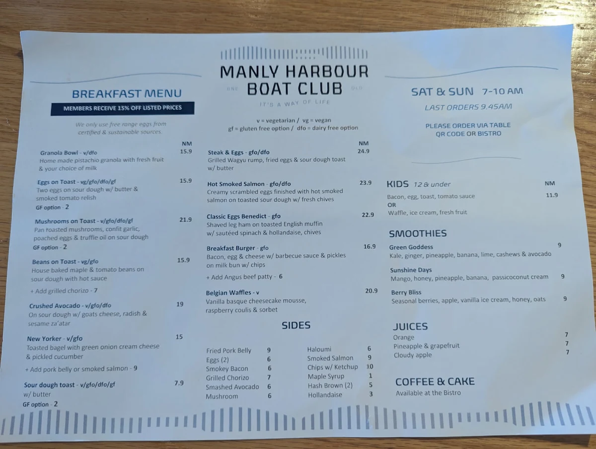 Menu, Manly Harbour Boat Club