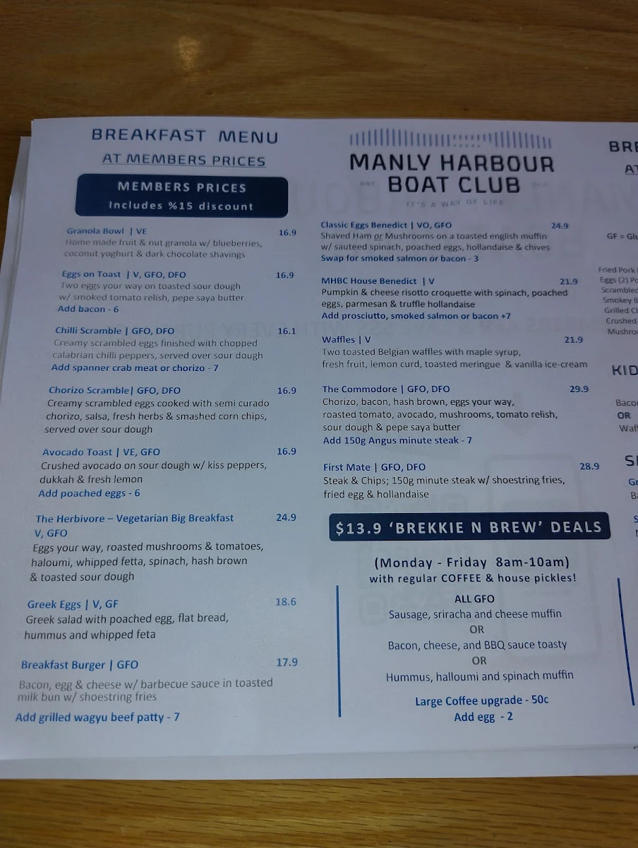 Menu, Manly Harbour Boat Club