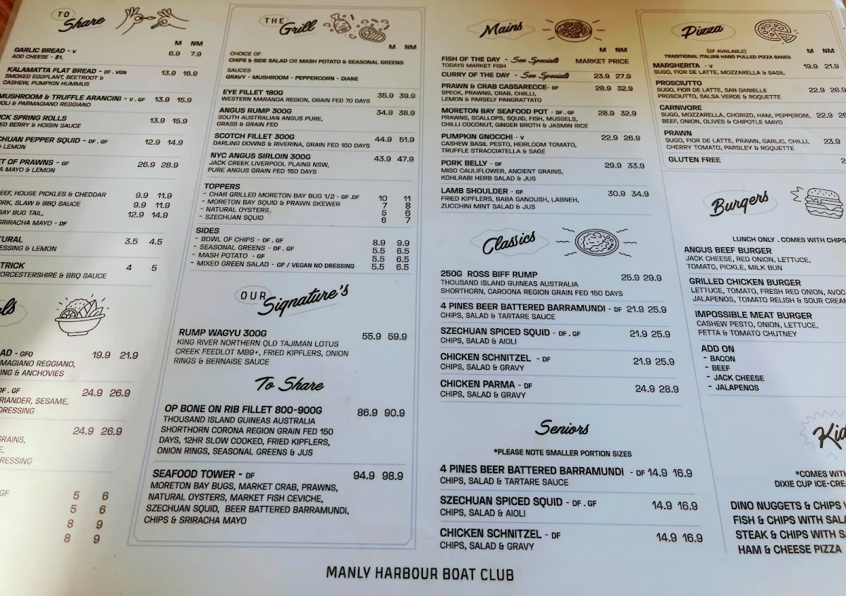 Menu, Manly Harbour Boat Club