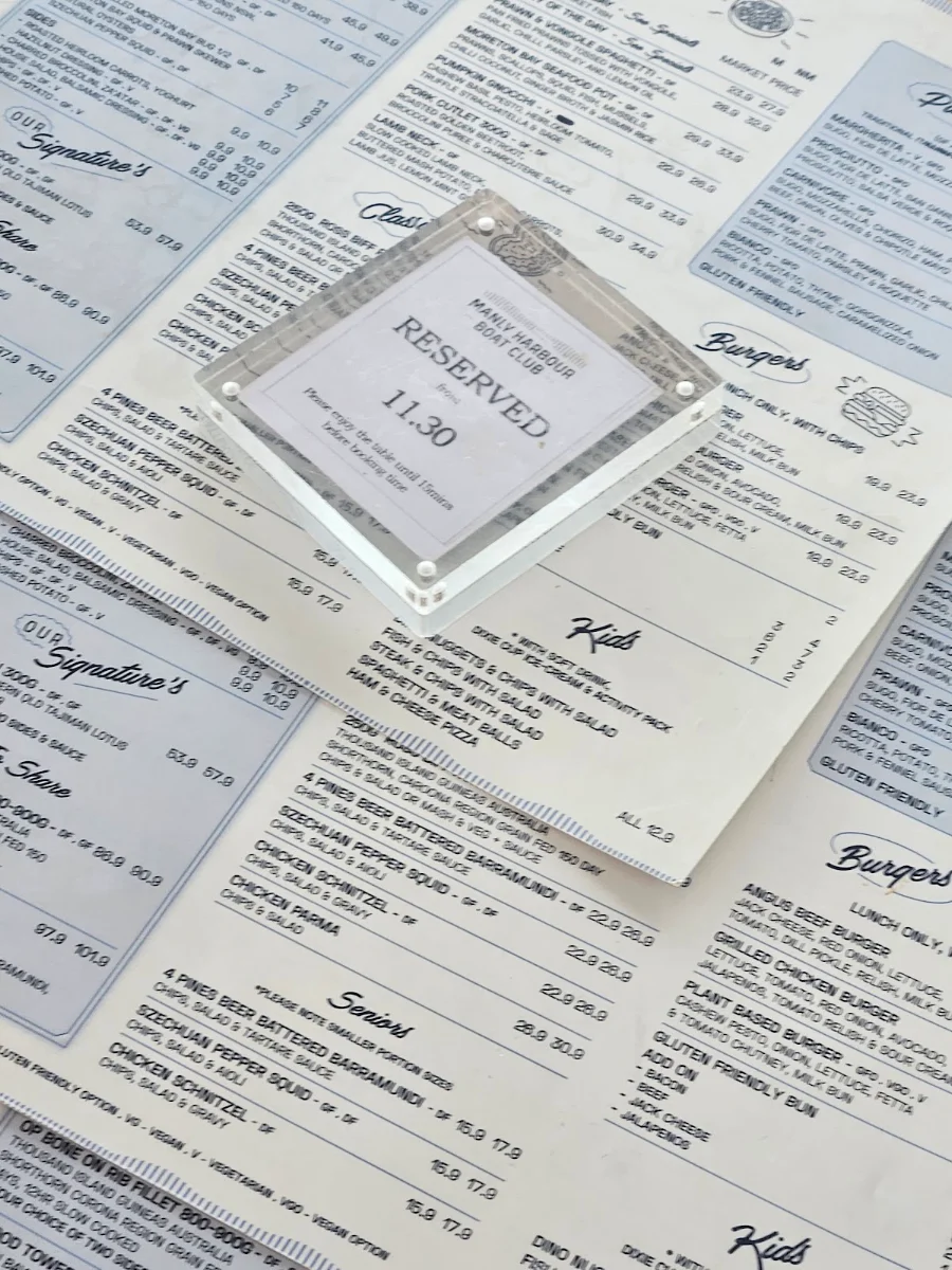 Menu, Manly Harbour Boat Club