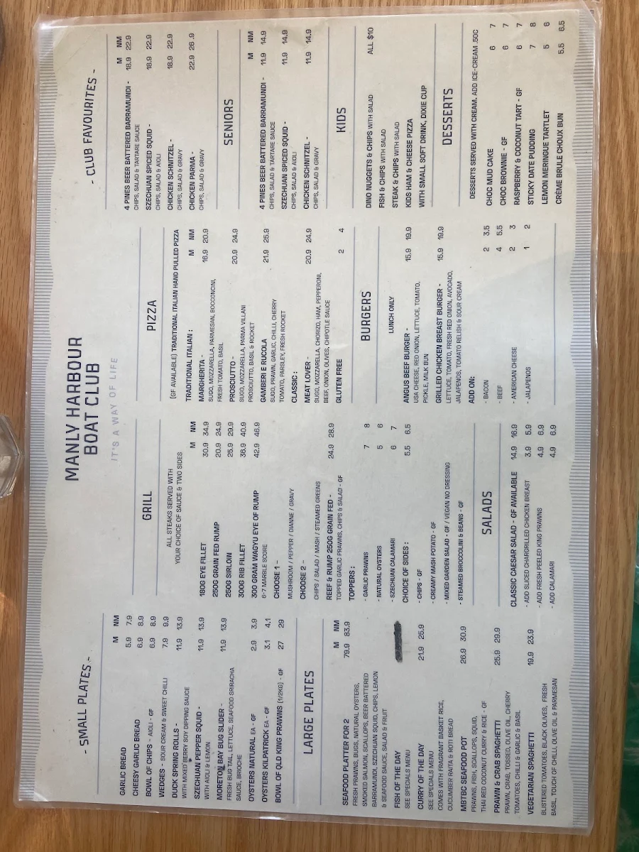 Menu, Manly Harbour Boat Club