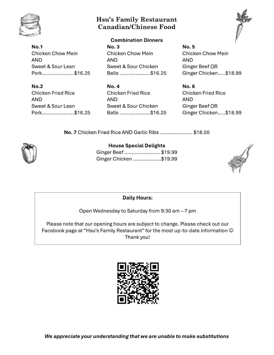 Menu, Hsu's Family Restaurant