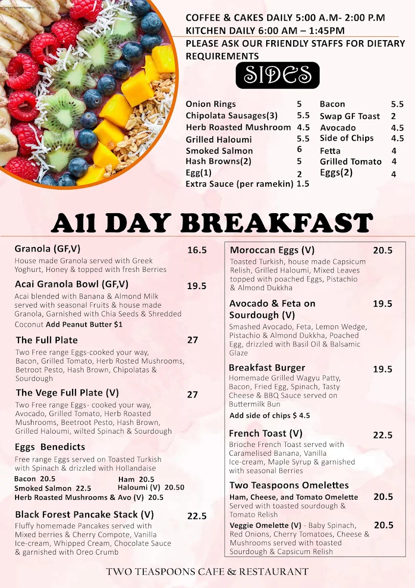 Menu, Two Teaspoons Cafe & Restaurant