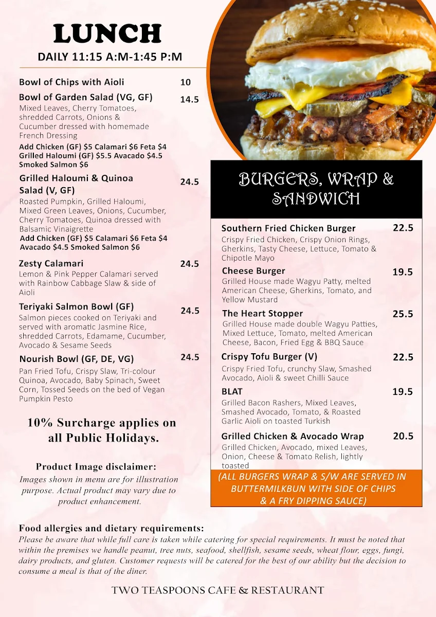 Menu, Two Teaspoons Cafe & Restaurant