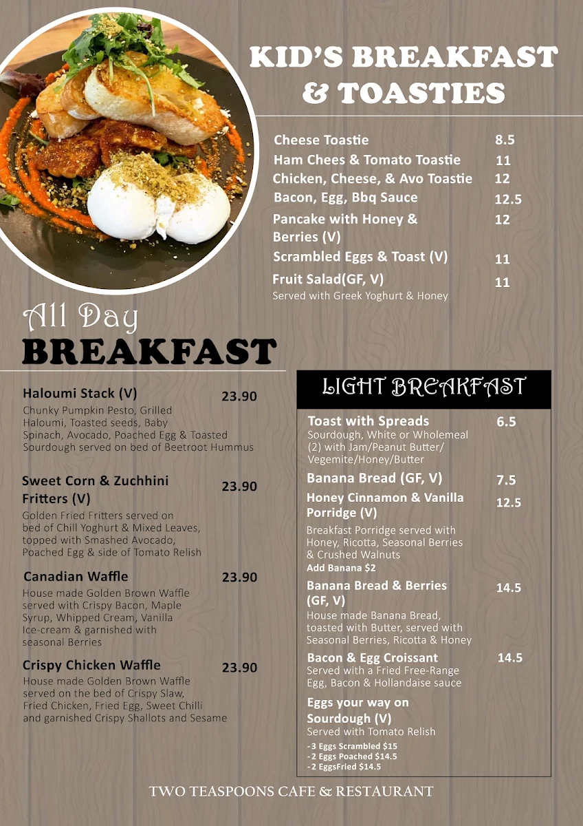 Menu, Two Teaspoons Cafe & Restaurant