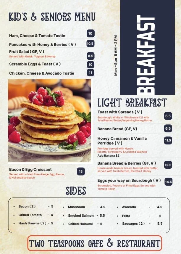 Menu, Two Teaspoons Cafe & Restaurant