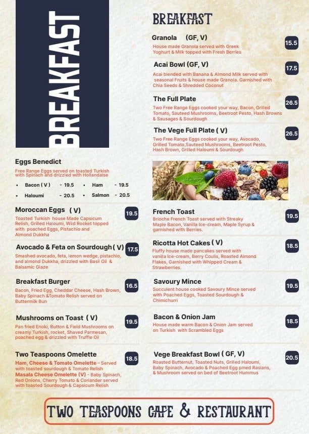 Menu, Two Teaspoons Cafe & Restaurant