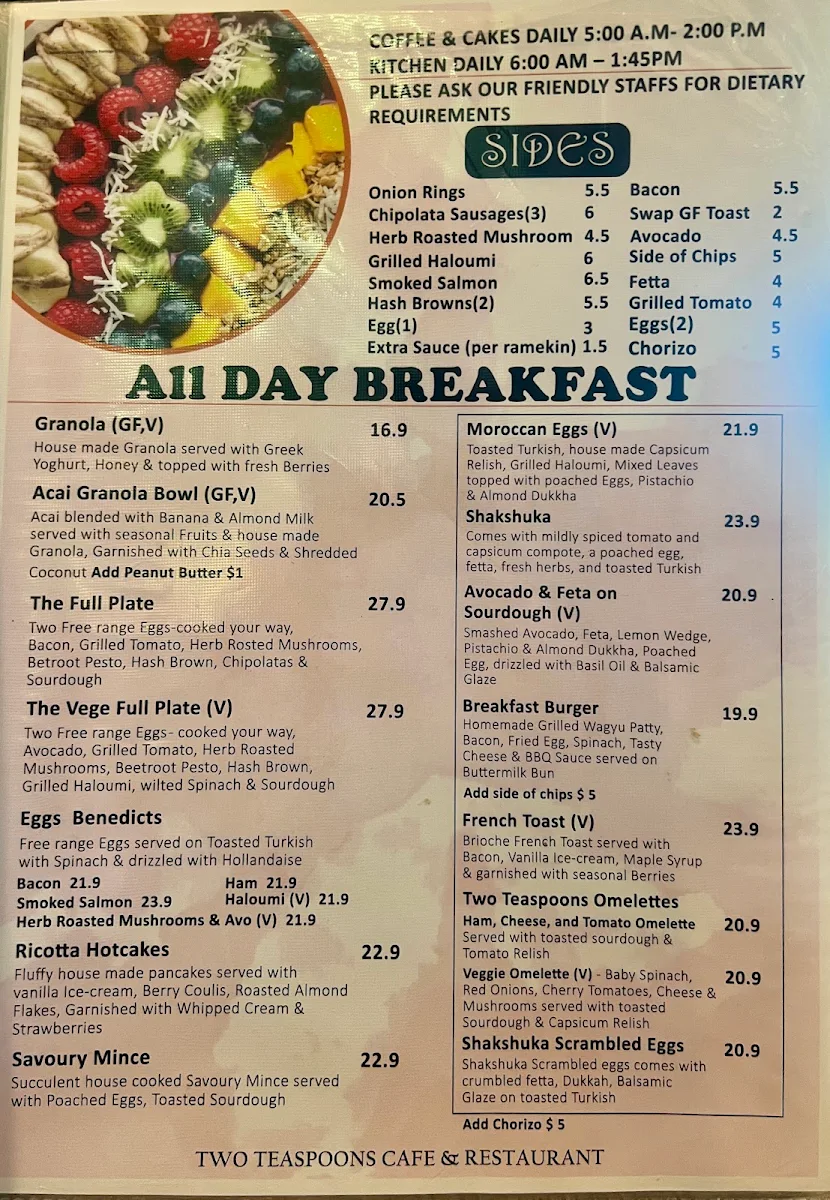 Menu, Two Teaspoons Cafe & Restaurant
