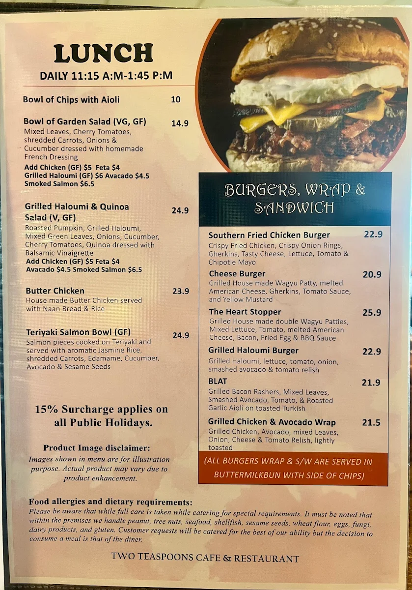 Menu, Two Teaspoons Cafe & Restaurant