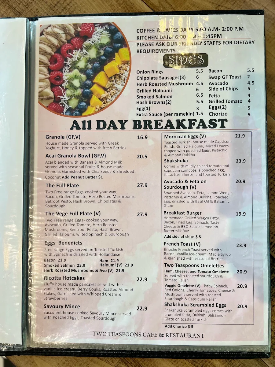 Menu, Two Teaspoons Cafe & Restaurant