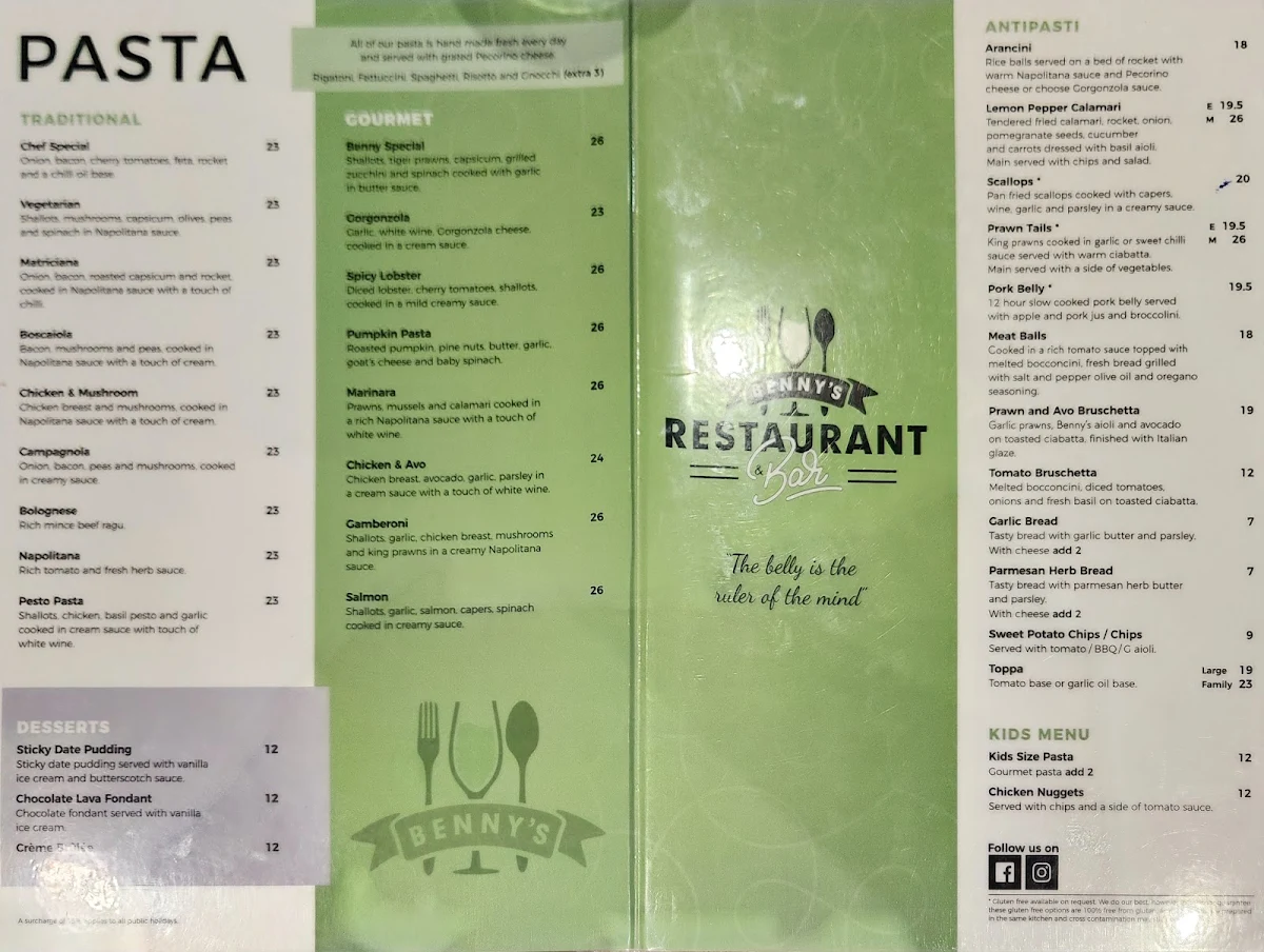 Menu, Benny's Restaurant and Bar