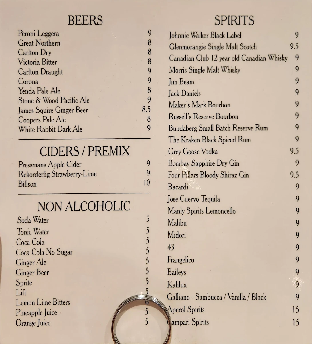 Menu, Benny's Restaurant and Bar