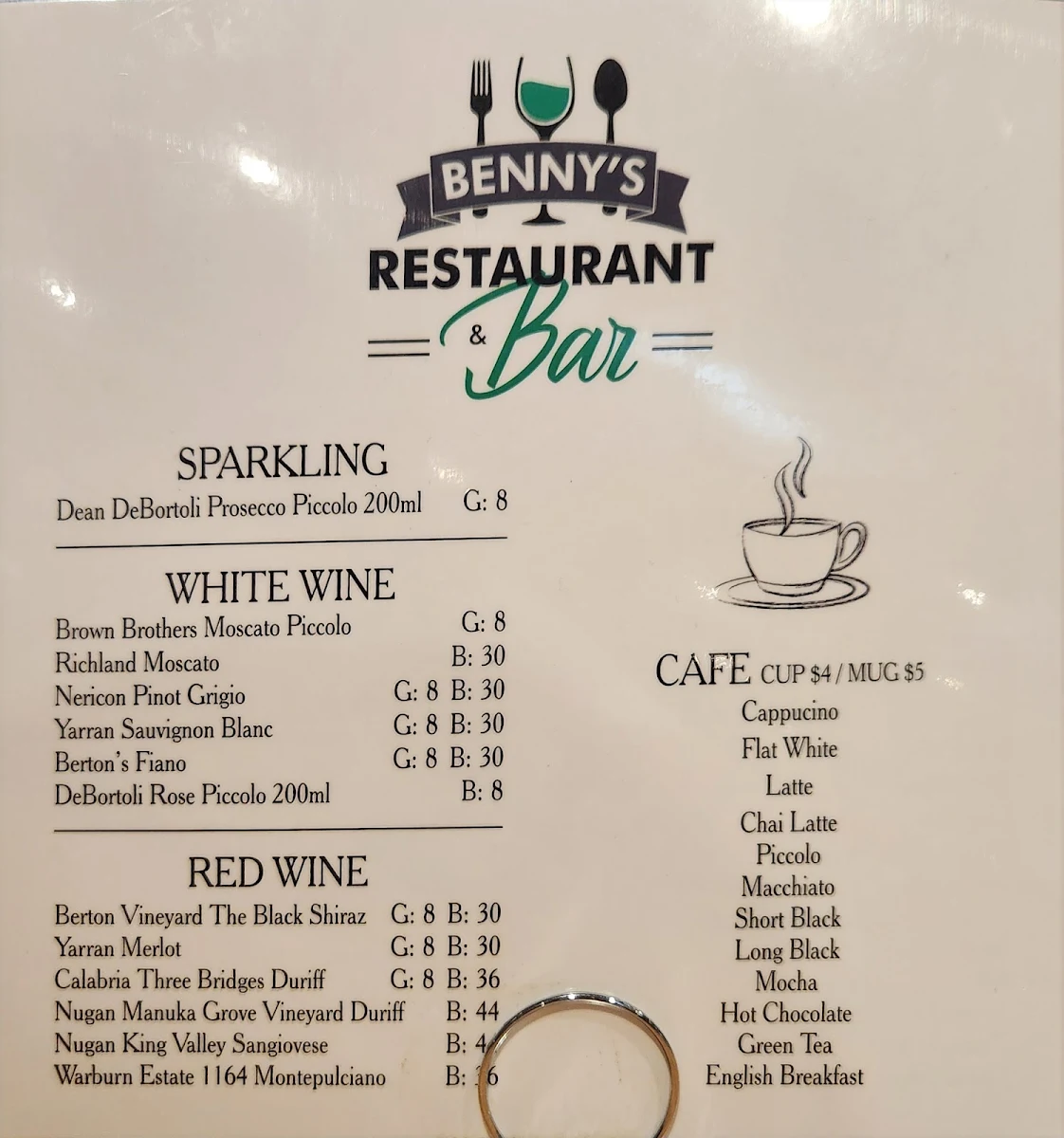 Menu, Benny's Restaurant and Bar