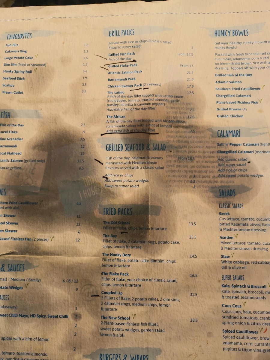 Menu, Hunky Dory Fish & Chips Oakleigh