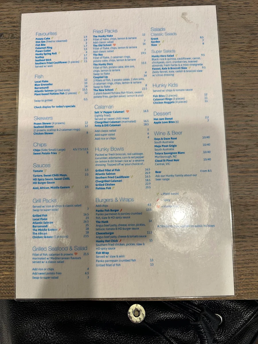 Menu, Hunky Dory Fish & Chips Oakleigh