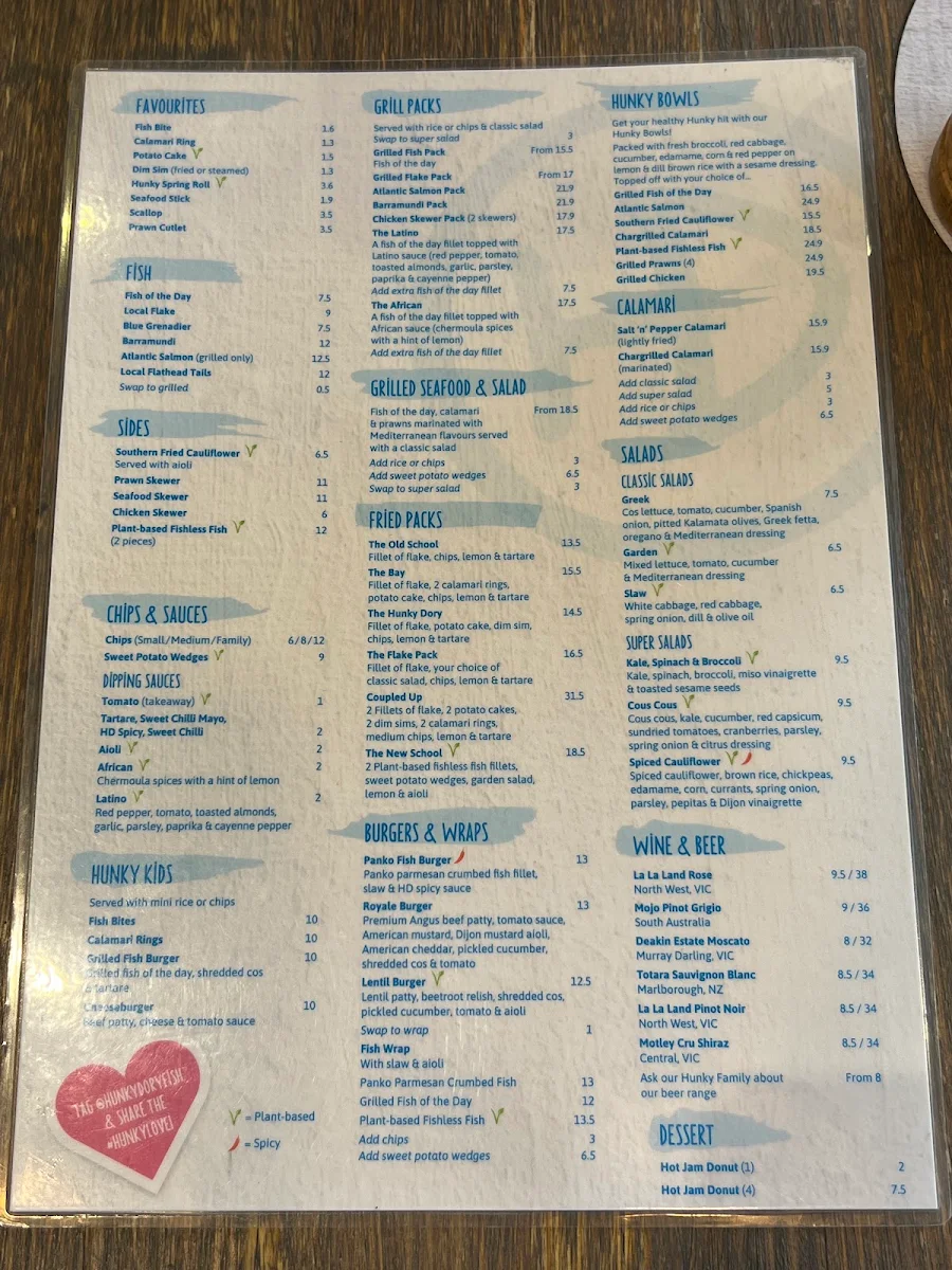 Menu, Hunky Dory Fish & Chips Oakleigh