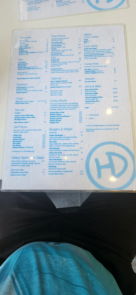 Menu, Hunky Dory Fish & Chips Oakleigh
