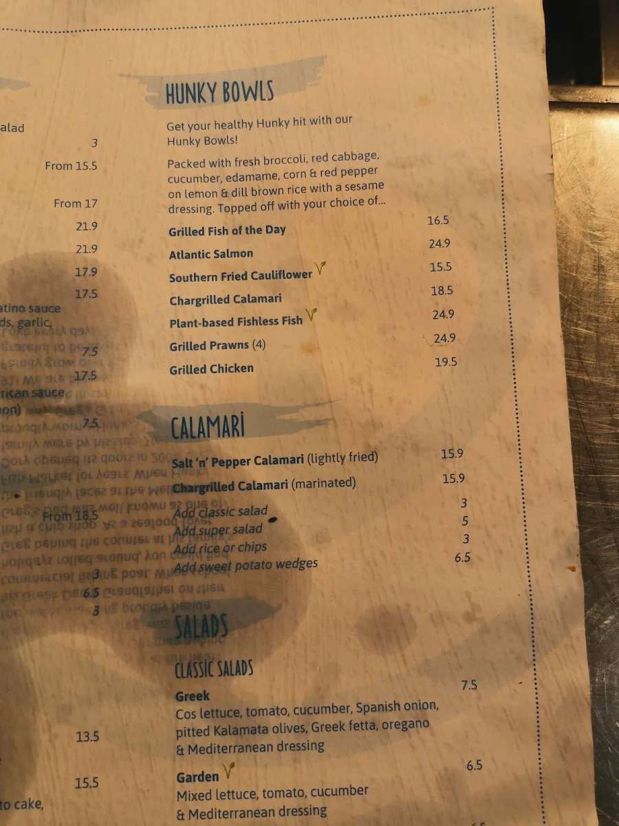 Menu, Hunky Dory Fish & Chips Oakleigh