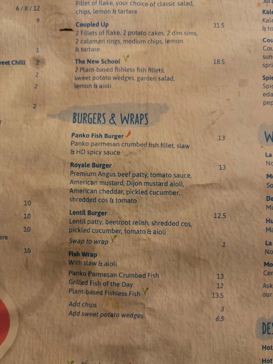 Menu, Hunky Dory Fish & Chips Oakleigh