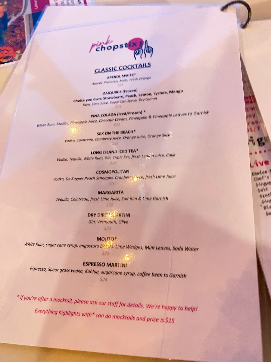 Menu, Pink Chopstix