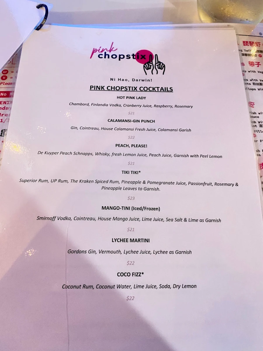 Menu, Pink Chopstix