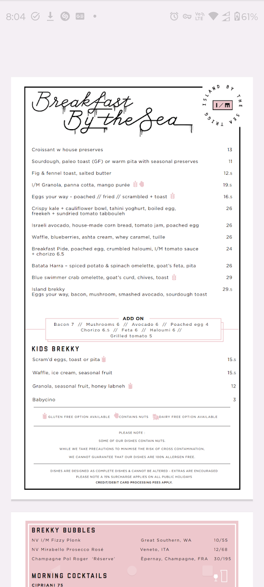 Menu, Island Market Trigg