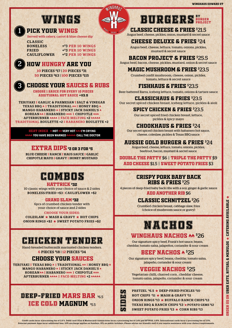 Menu, Winghaus Entertainment Quarter