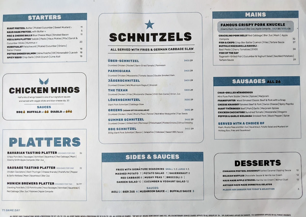 Menu, Winghaus Entertainment Quarter
