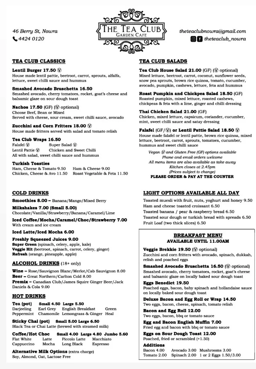 Menu, The Tea Club Cafe