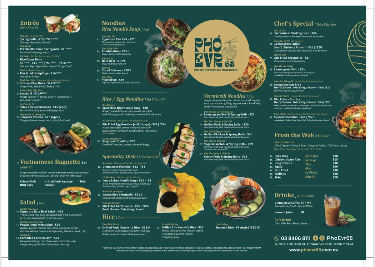 Menu, Pho Evr 68