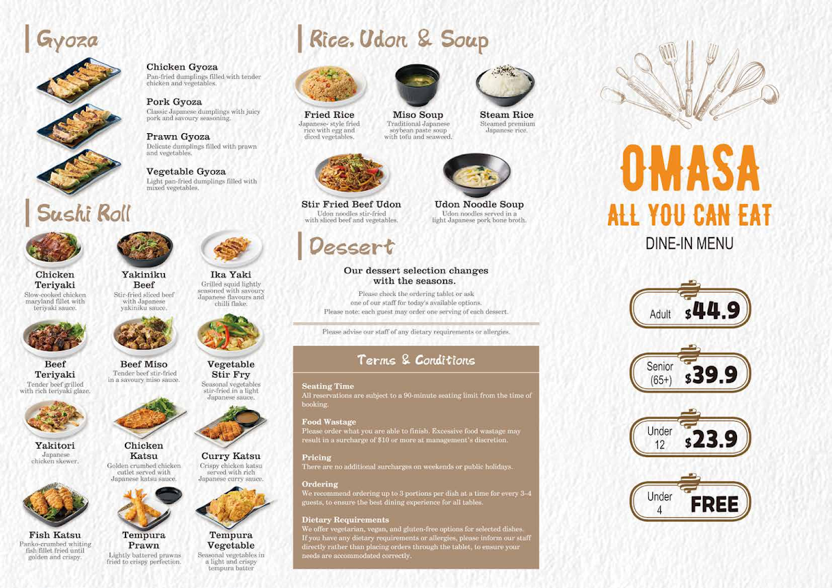 Menu, Omasa Japanese Restaurant Tuart Hill
