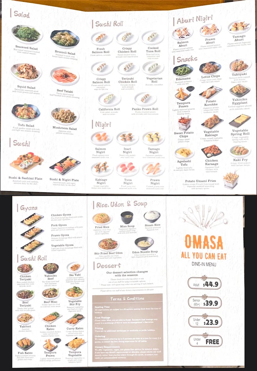 Menu, Omasa Japanese Restaurant Tuart Hill