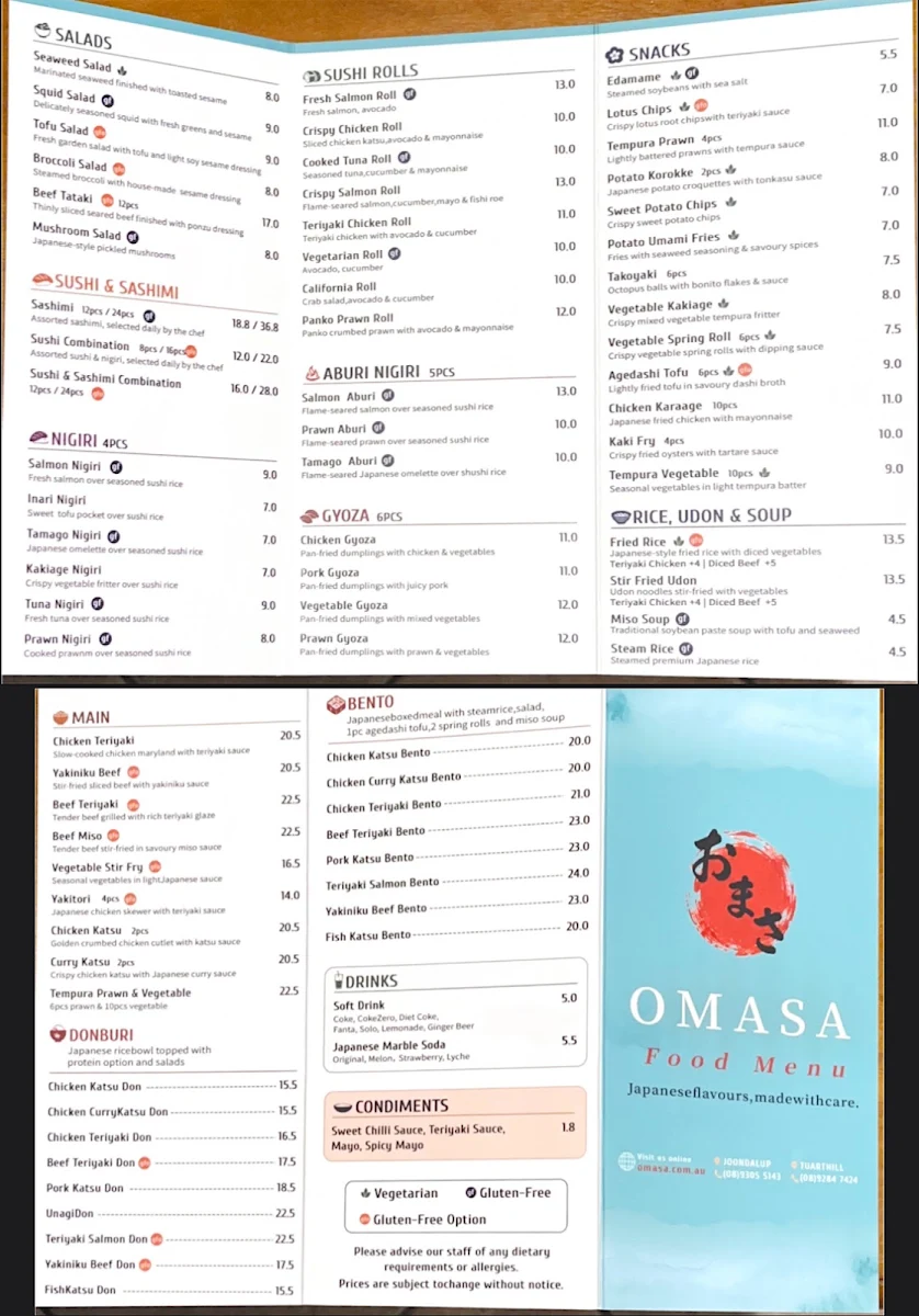 Menu, Omasa Japanese Restaurant Tuart Hill