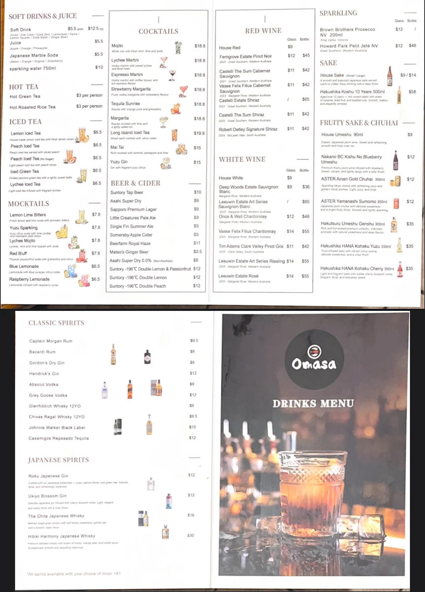 Menu, Omasa Japanese Restaurant Tuart Hill