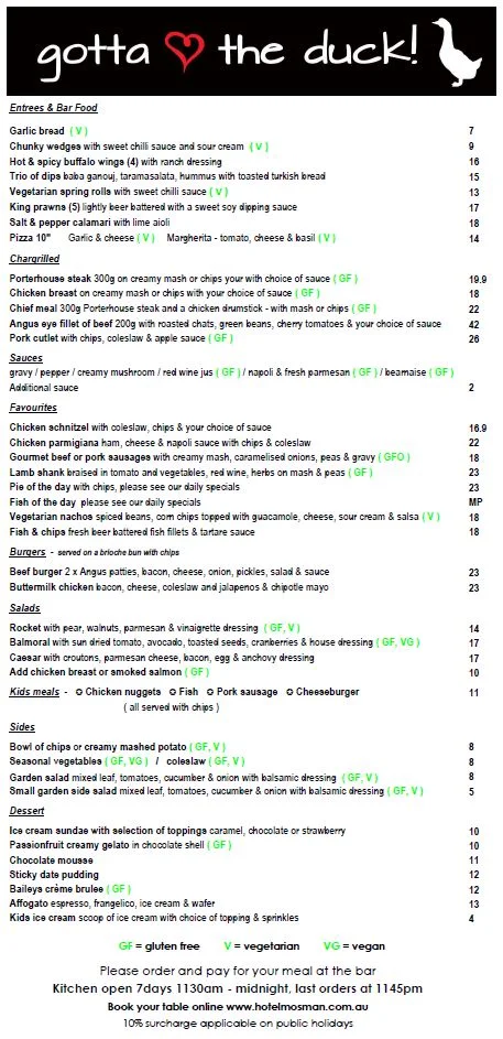 Menu, Hotel Mosman