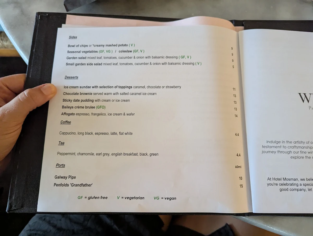 Menu, Hotel Mosman