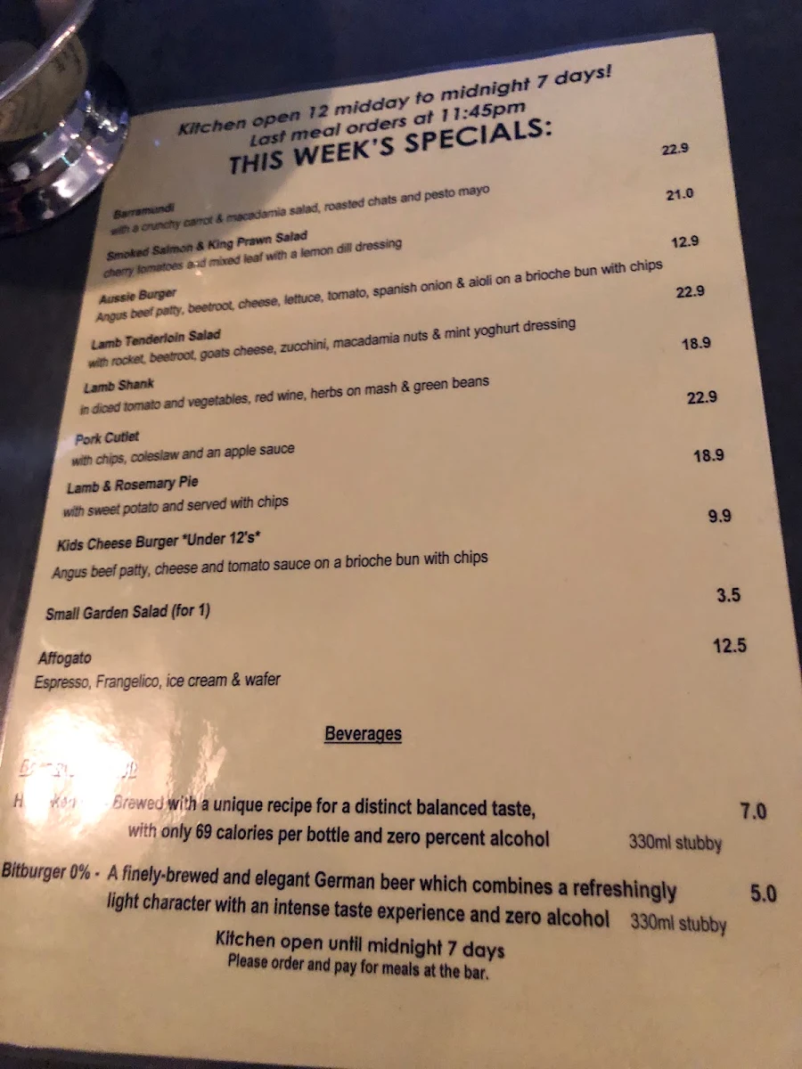 Menu, Hotel Mosman