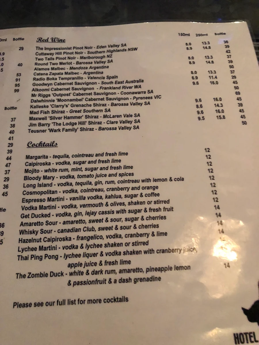 Menu, Hotel Mosman