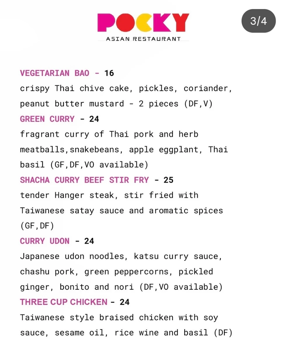 Menu, Pocky Asian Restaurant