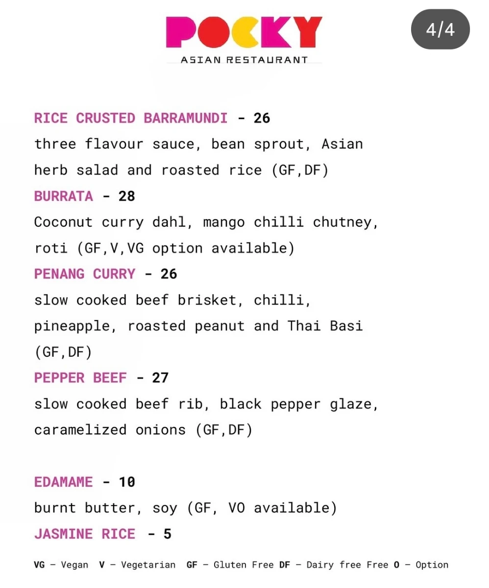Menu, Pocky Asian Restaurant