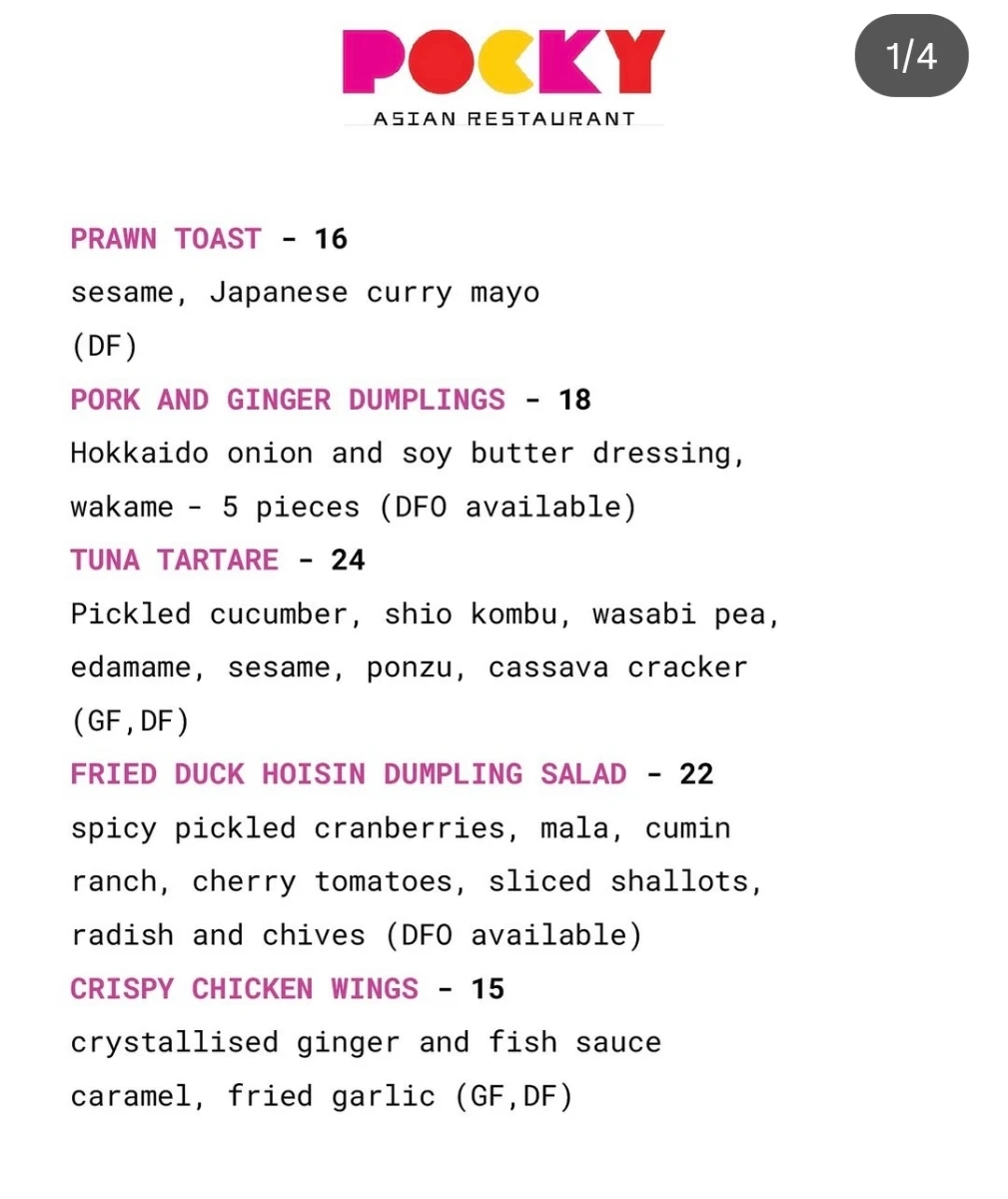 Menu, Pocky Asian Restaurant