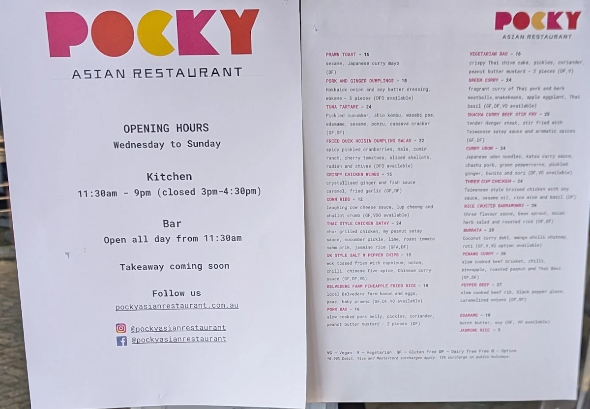 Menu, Pocky Asian Restaurant